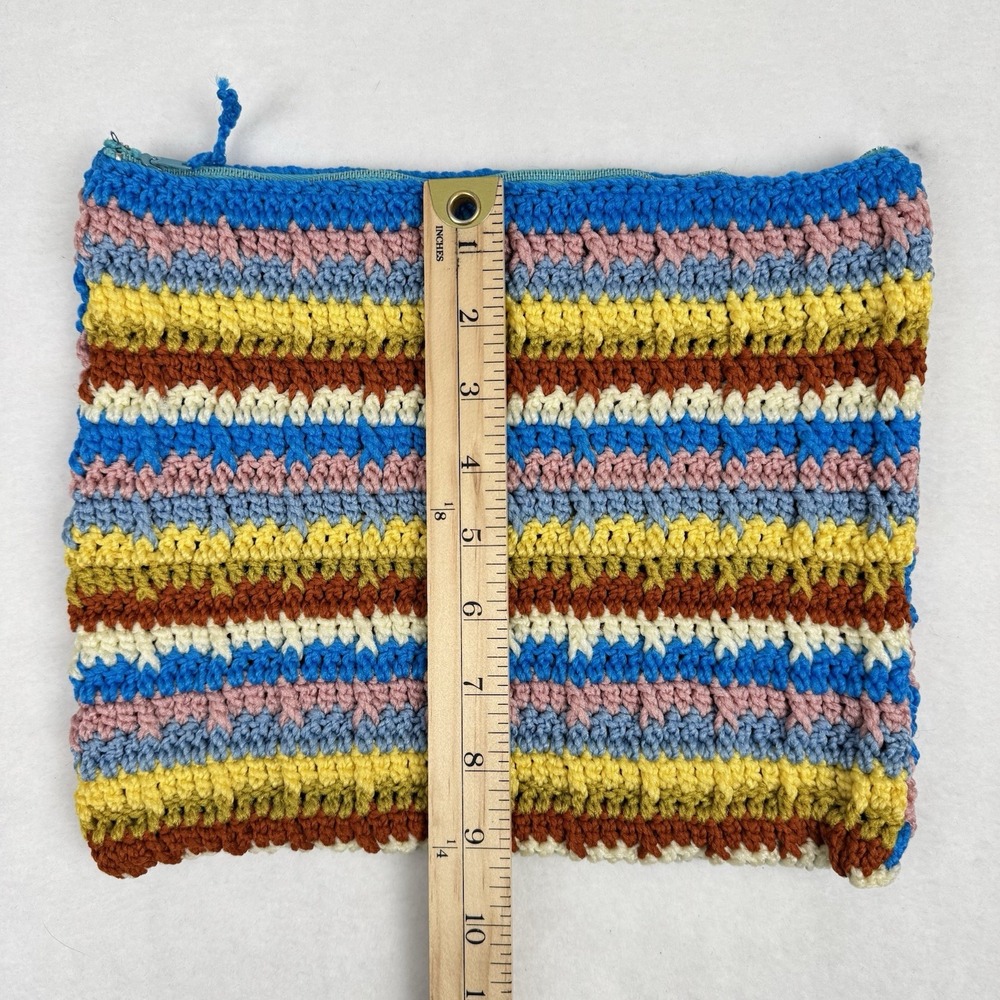 Vintage 70s Stripe Crochet‎ Clutch Purse Makeup Bag Handmade Multicolor Retro - Picture 6 of 8
